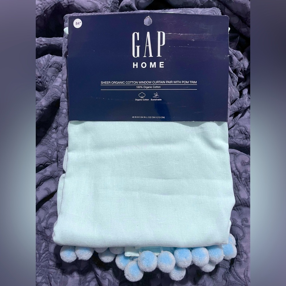 New GAP Home Blue Organic Cotton Window Curtain Panel PAIR 48”X84” Boho Pom Poms